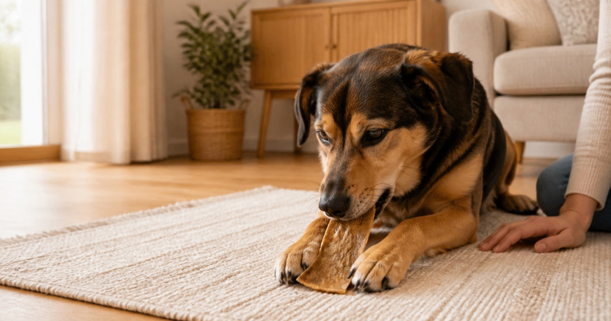 Hund kaut unter Aufsicht an einem langen Stück Büffelkopfhaut