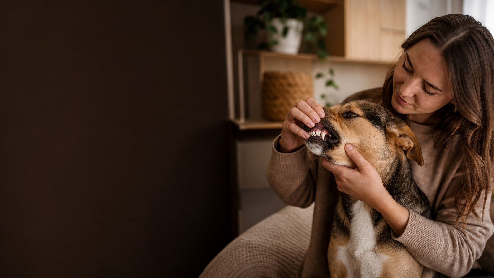 Hundehalterin kontrolliert behutsam die Zähne ihres Hundes bei der täglichen Zahnpflege – KI-generiertes bzw. KI-bearbeitetes Titelbild.