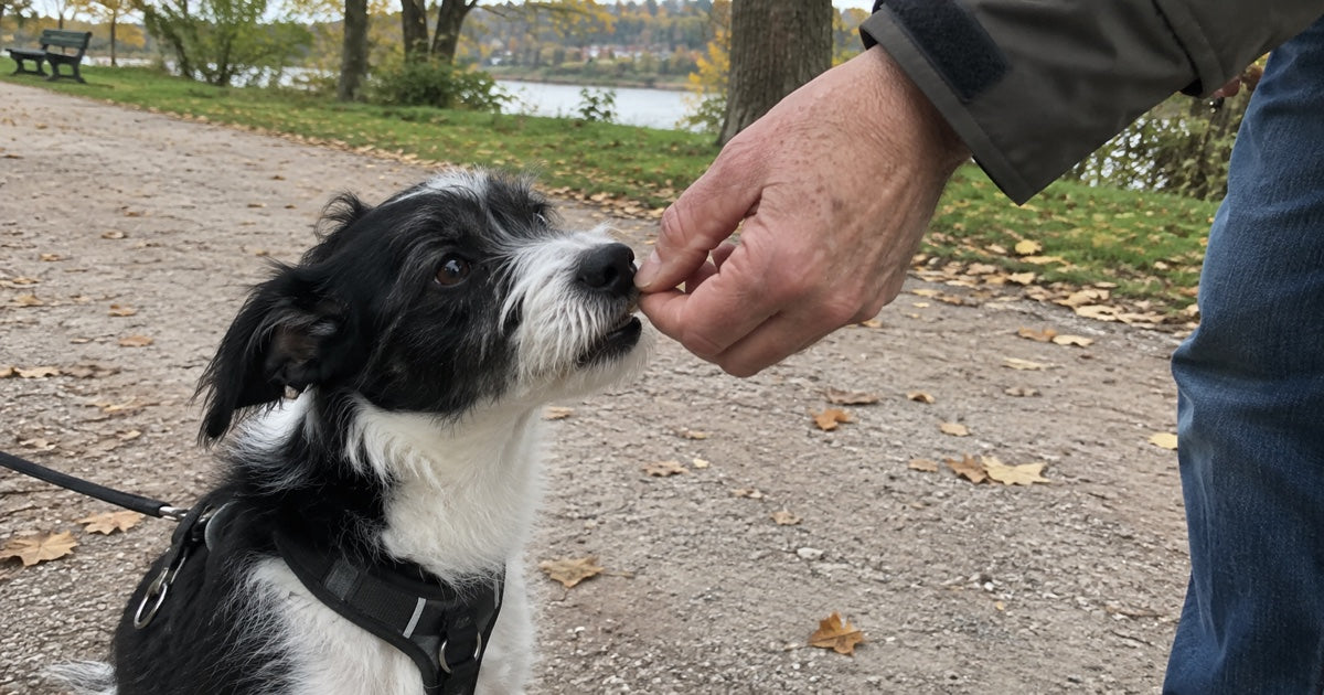 Kleiner schwarz-weißer Hund erhält auf einem Parkweg eine Belohnung aus der Hand