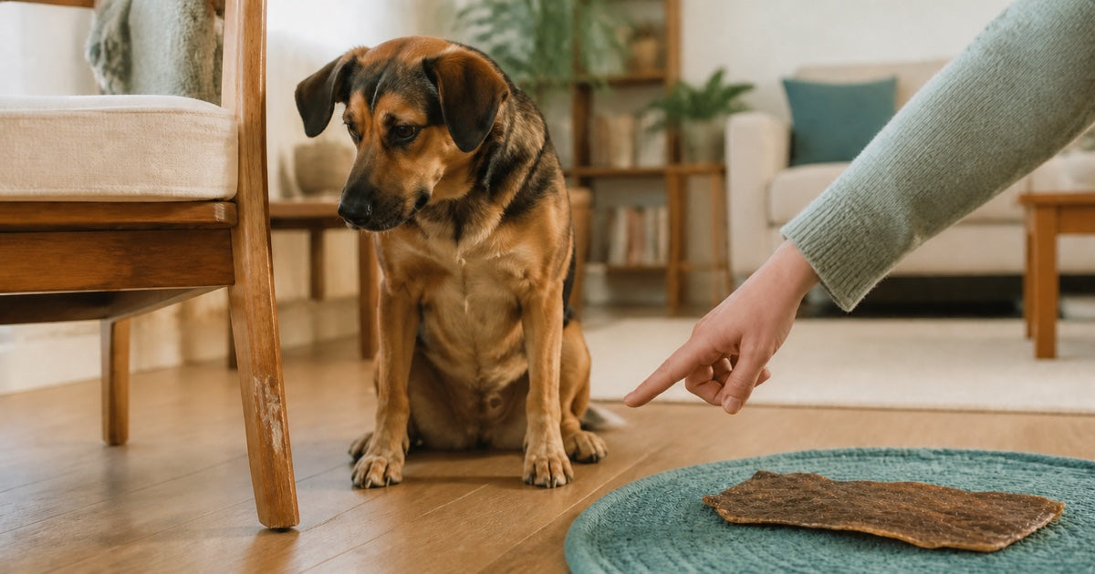 Hund sitzt neben einem angeknabberten Stuhlbein und wird ruhig zu einem Kauartikel auf seiner Matte gelenkt