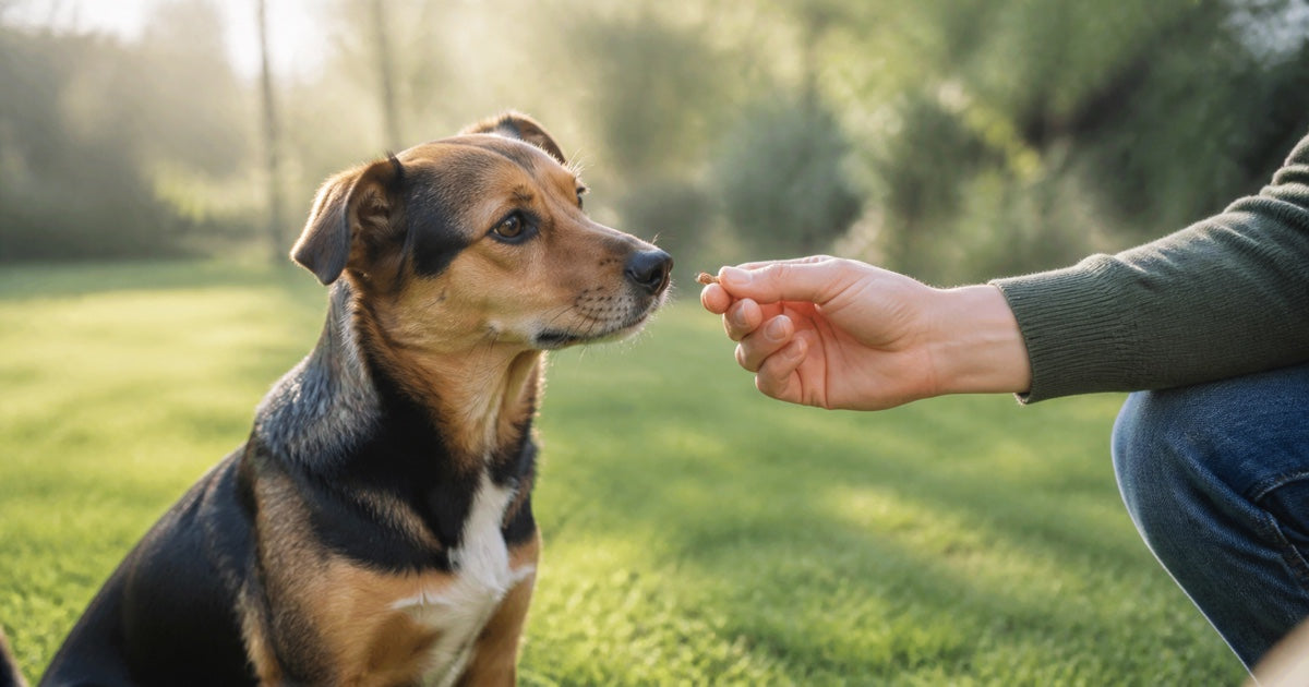 Hund erhält beim Training eine kleine Belohnung aus der Hand
