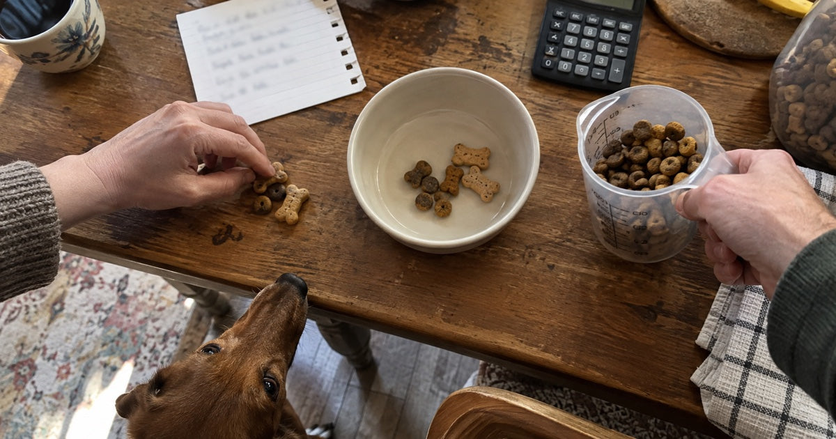 Zwei Hände portionieren Hundesnacks am Küchentisch, während ein Dackel zusieht
