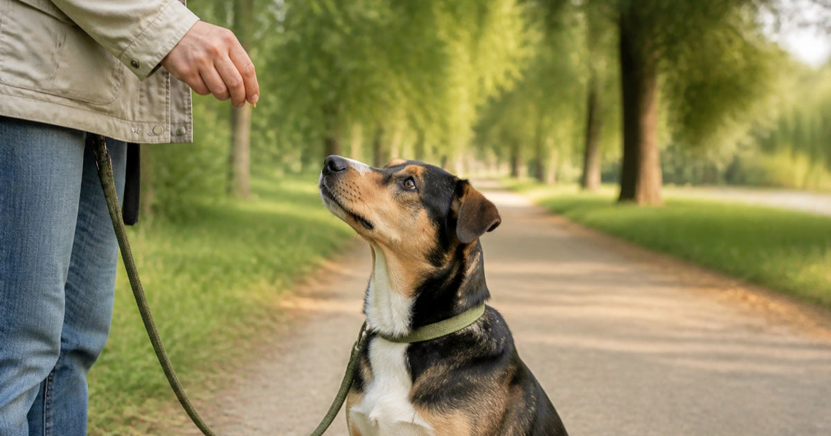 Hund schaut beim Training auf einem ruhigen Parkweg aufmerksam zur Hand seiner Halterin