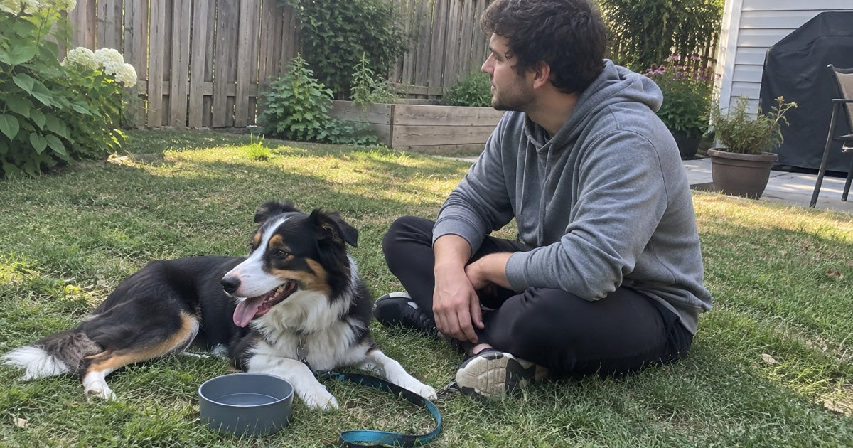 Mann und Border-Collie-Mix machen mit Wassernapf eine Trainingspause im Garten