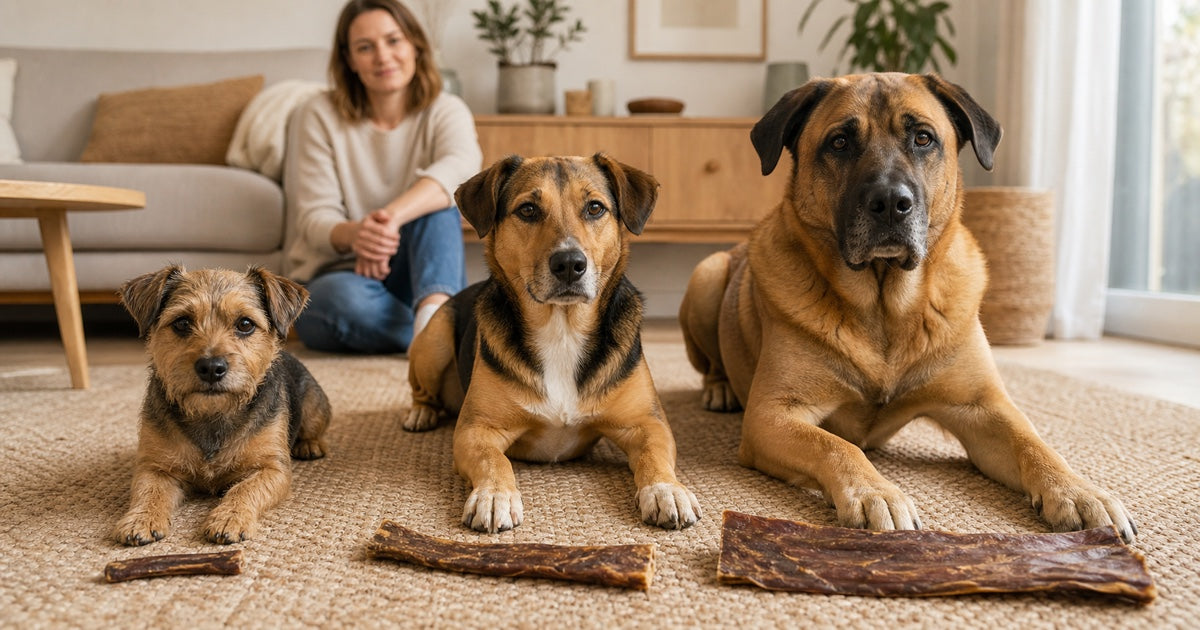 Kleine und große Hunde mit unterschiedlich großen Kauartikeln unter Aufsicht – KI-generiertes bzw. KI-bearbeitetes Titelbild.
