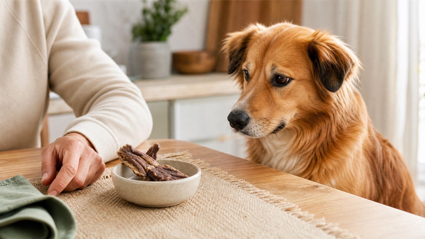 Hund betrachtet getrocknete Lamm-Snacks in einer kleinen Schale – KI-generiertes bzw. KI-bearbeitetes Titelbild.
