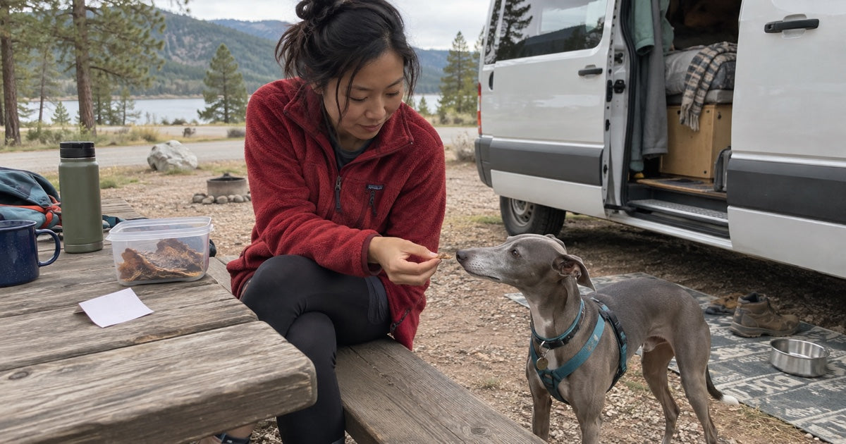 Frau bietet einem Windhund am Campingplatz ein kleines Stück eines neuen Snacks an