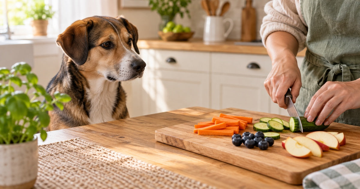 Hund beobachtet in einer hellen Küche, wie Karotte, Gurke, Heidelbeeren und Apfelstücke vorbereitet werden