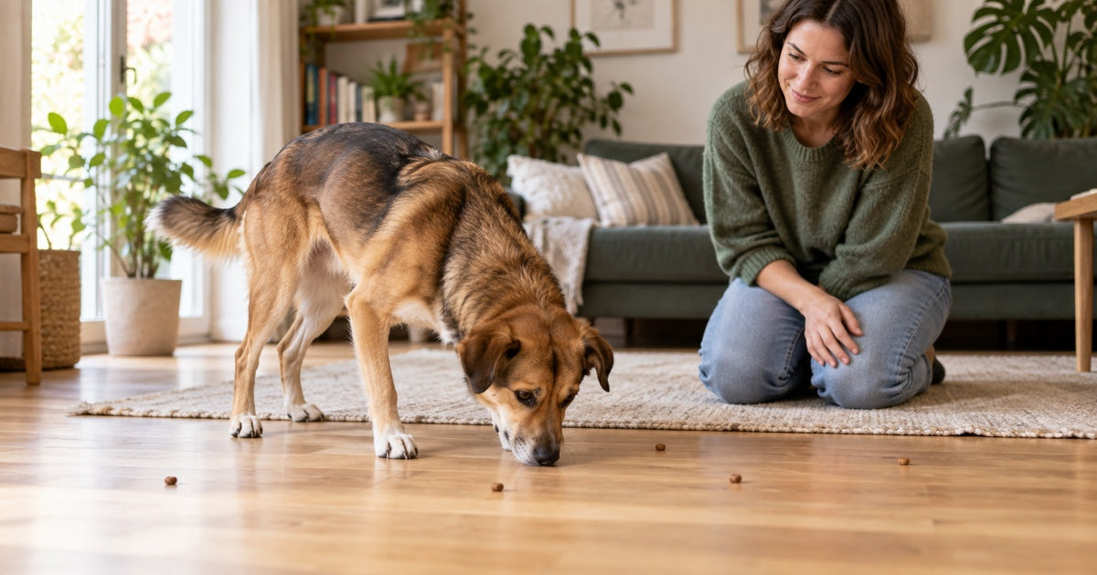 Hund sucht kleine Leckerlistücke auf dem Boden, während seine Halterin ihn beaufsichtigt