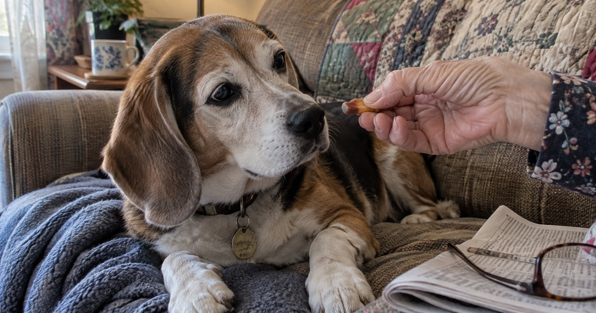 Älterer Beagle mit grauer Schnauze bekommt auf dem Sofa einen kleinen Snack angeboten