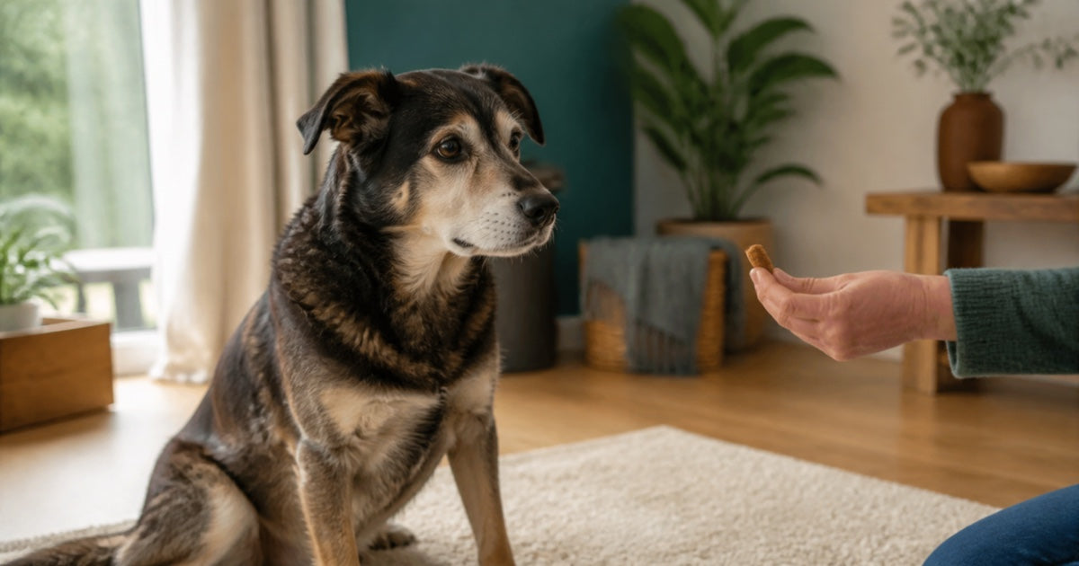 Älterer Hund mit grauer Schnauze schaut auf einen kleinen Snack in einer Hand