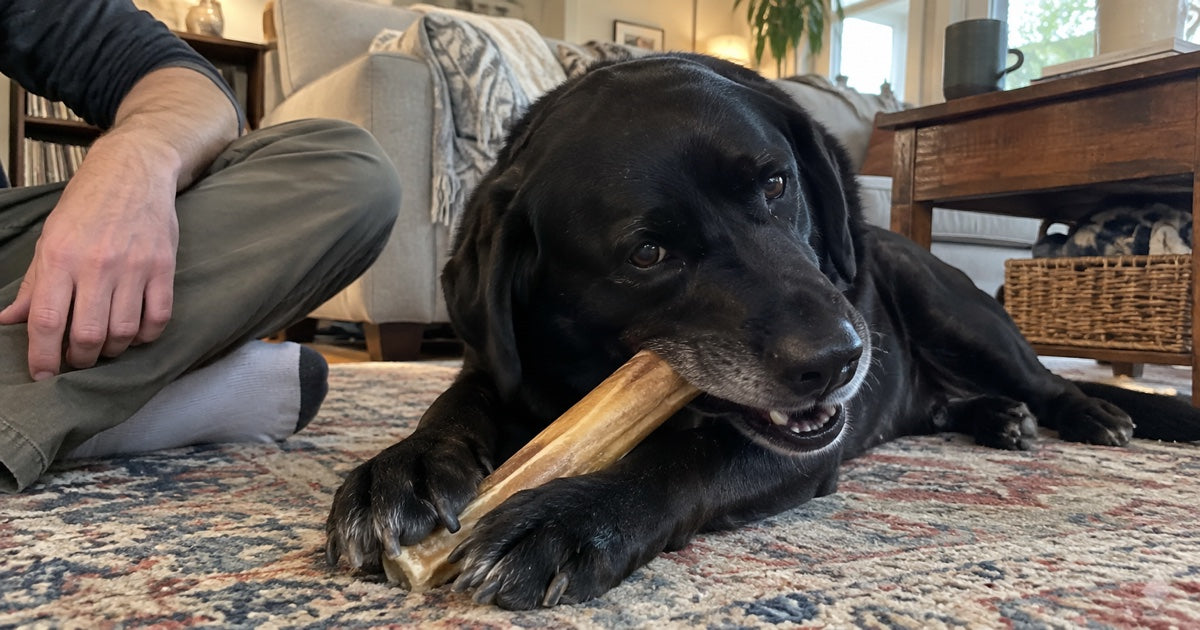 Schwarzer Hund kaut im Wohnzimmer unter Aufsicht an einem langen Kauartikel
