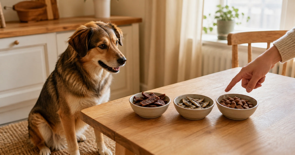 Hund betrachtet drei getrennte Schalen mit unterschiedlichen Hundesnacks