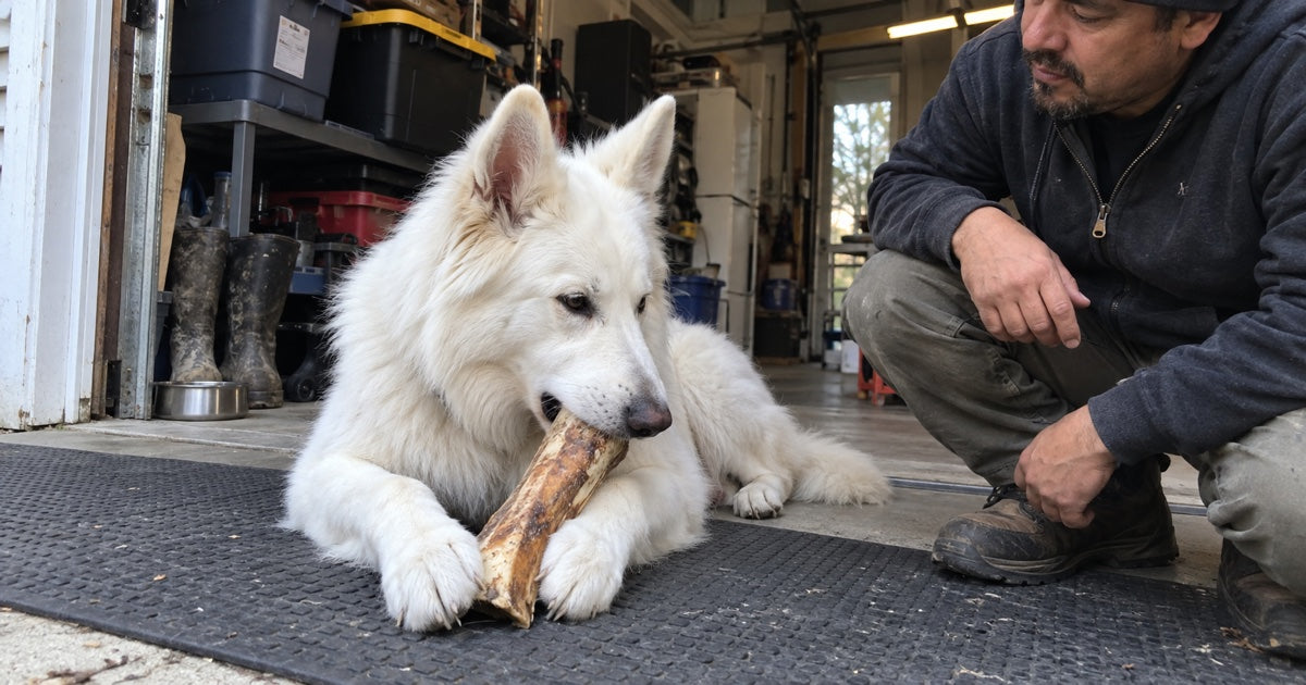 Weißer Schäferhund kaut unter enger Aufsicht an einem großen Naturkauartikel