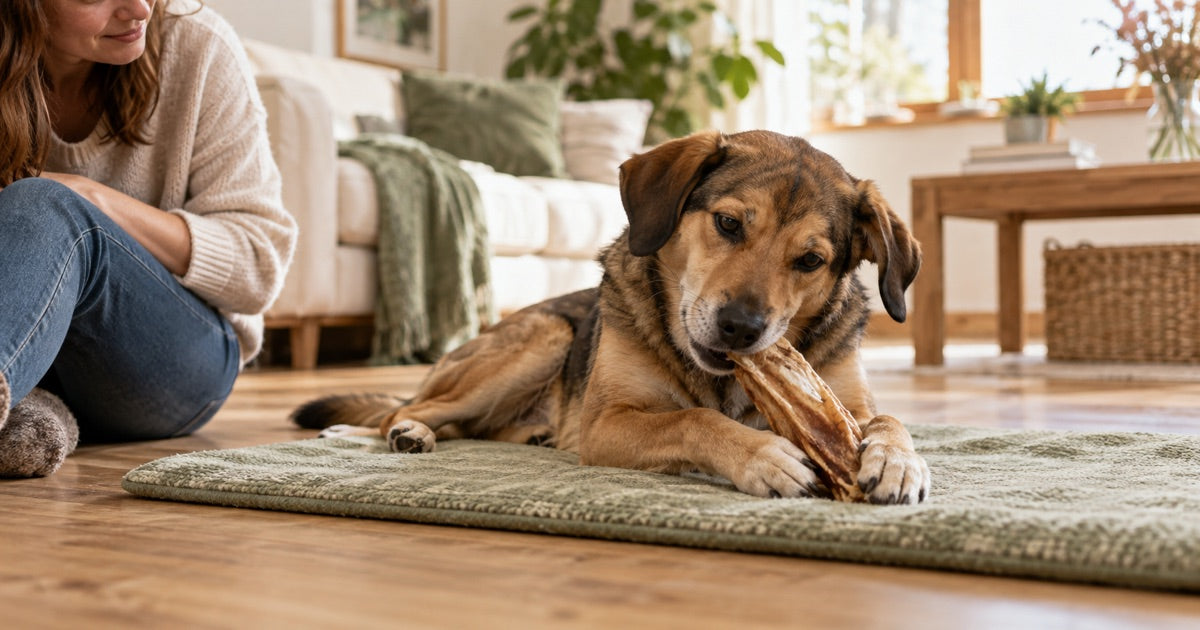 Halterin beaufsichtigt ihren Hund beim Kauen eines großen Naturkauartikels auf einer Matte