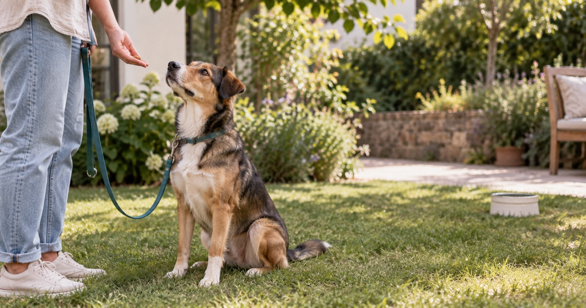 Hund sitzt aufmerksam vor seiner Halterin bei einer kurzen Trainingseinheit im Garten