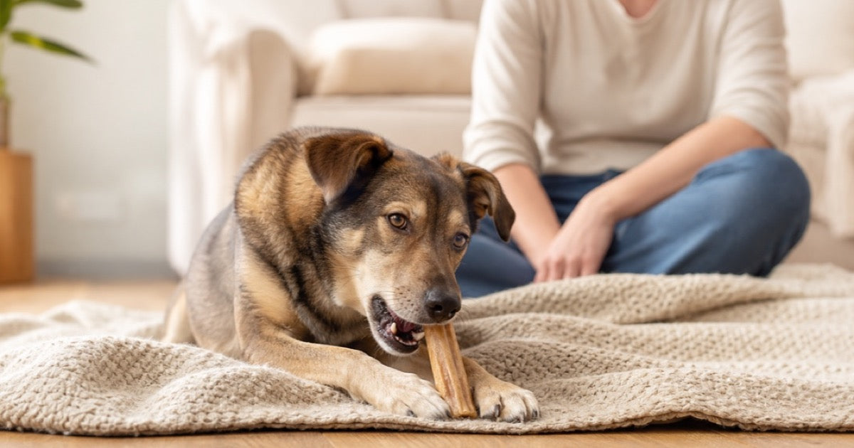 Hund kaut unter Aufsicht an einem passenden Kauartikel