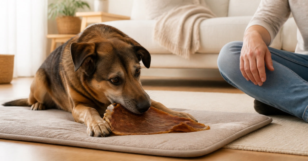 Hund kaut auf einer Matte an einem großen Kauartikel, während seine Halterin daneben sitzt