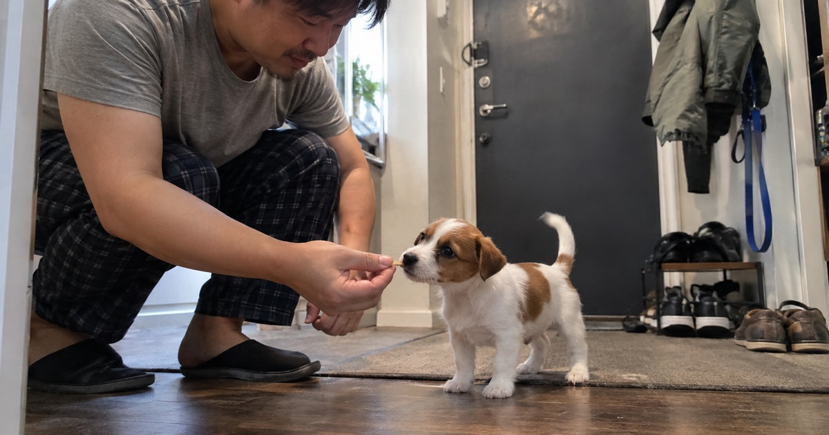 Mann bietet einem kleinen Jack-Russell-Welpen im Hausflur eine winzige Belohnung an