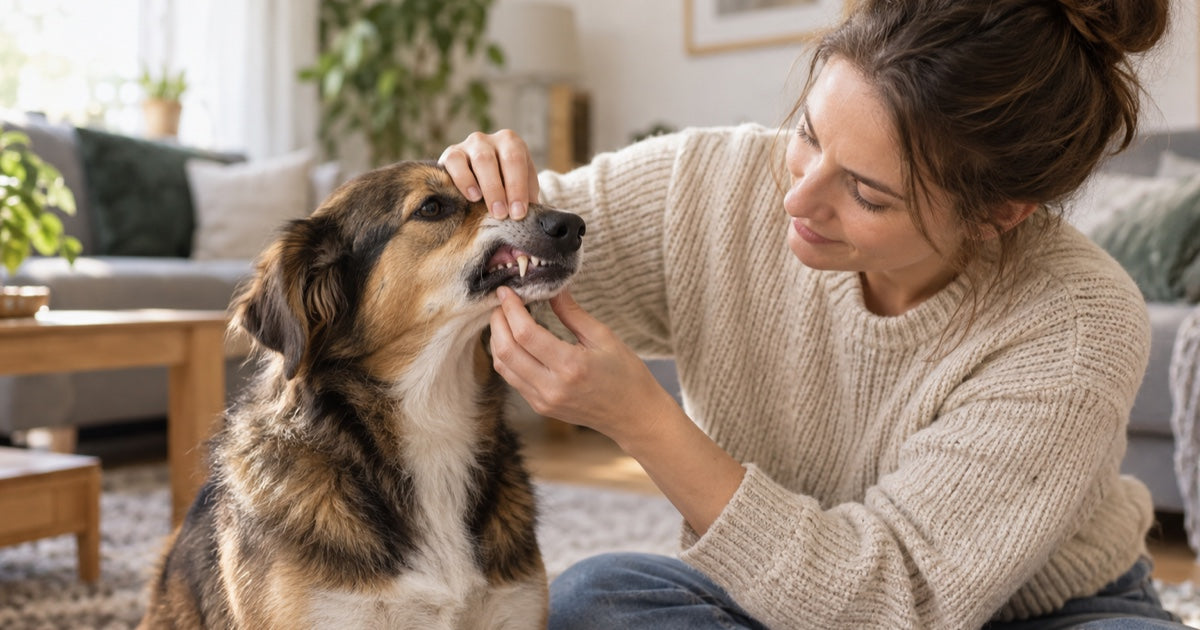 Hundehalterin hebt im Wohnzimmer behutsam die Lippe ihres Hundes zur Zahnkontrolle an
