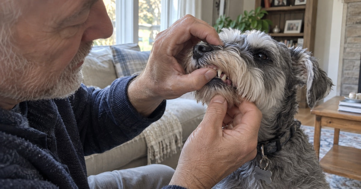 Älterer Mann hebt im Wohnzimmer behutsam die Lippe seines Schnauzers zur Maulkontrolle an