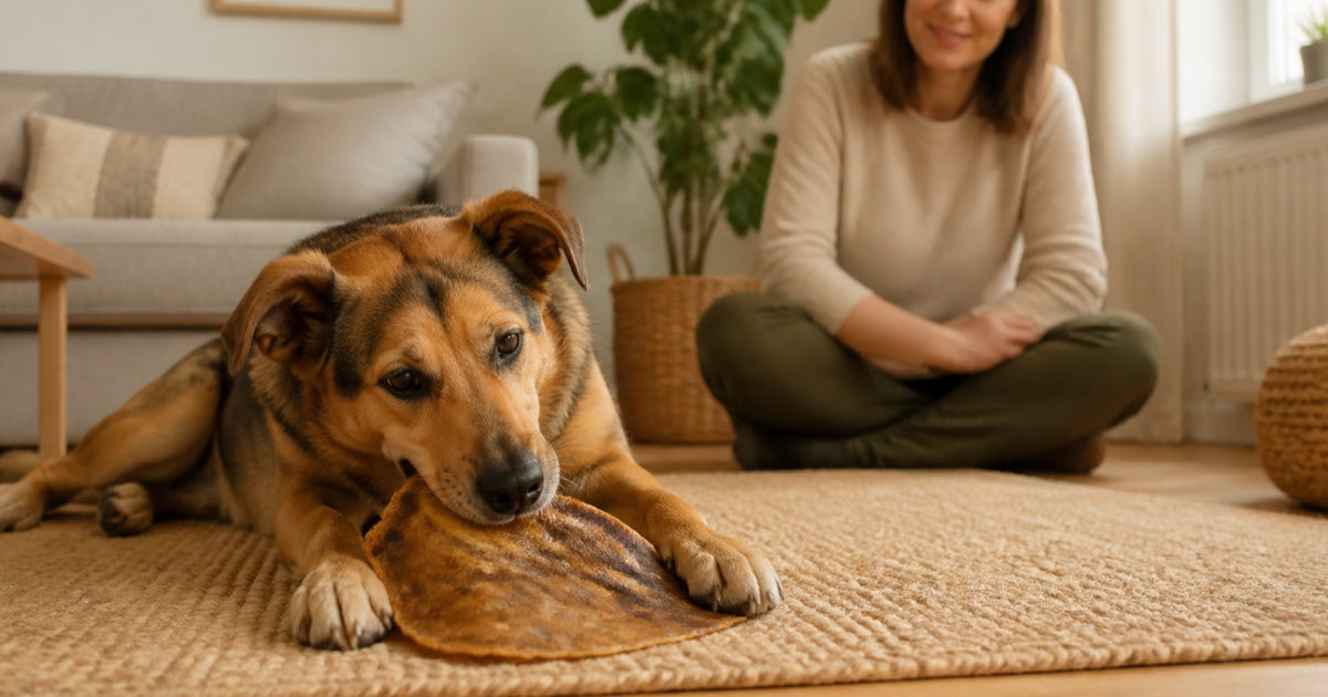Hund kaut unter Aufsicht an einer flachen Rinderkopfhautplatte