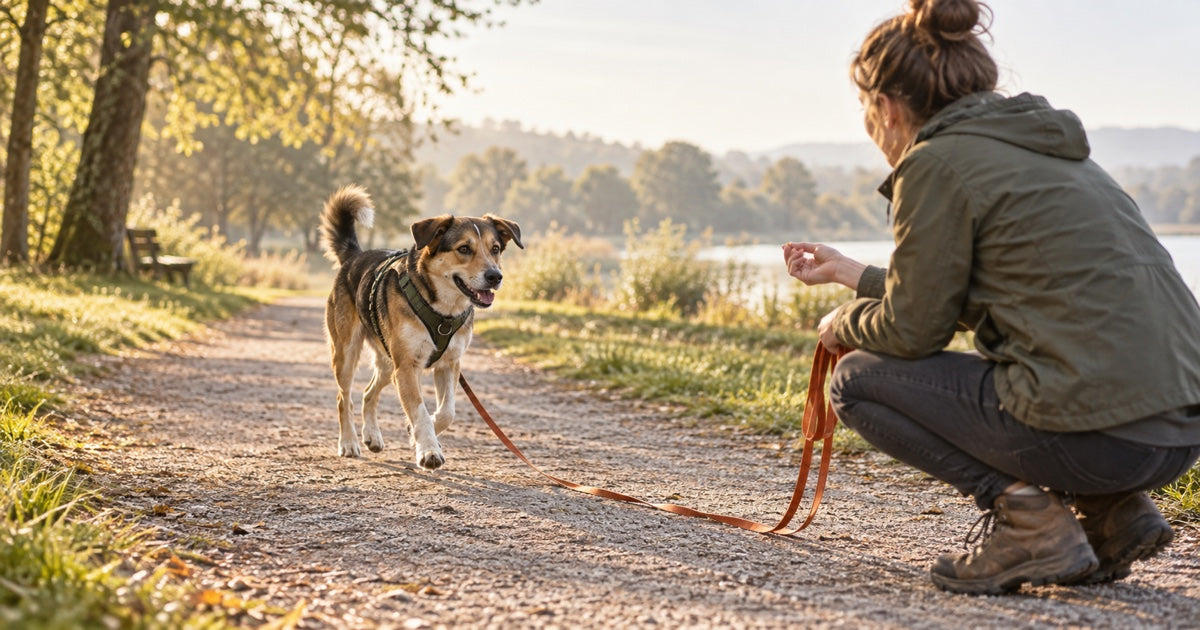 Hund läuft beim Rückruftraining an der Schleppleine zu seiner Halterin zurück