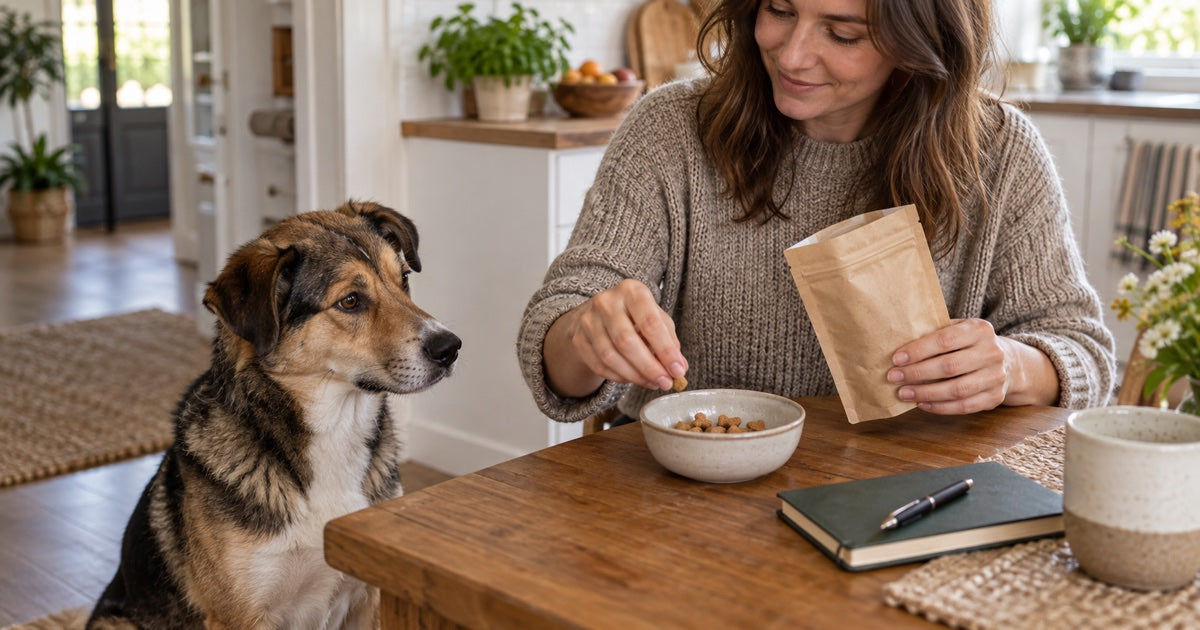 Frau portioniert kleine Hundesnacks in eine Schale, während ihr Hund neben dem Tisch wartet