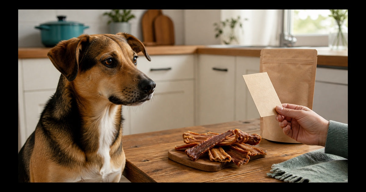 Hund neben getrockneten Snacks, während eine Person ein schlichtes Zutatenetikett liest